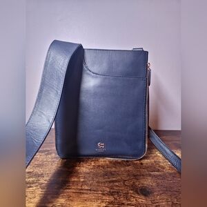 Radley London Pockets expandable crossbody  Ink Rose Gold zip navy blue leather